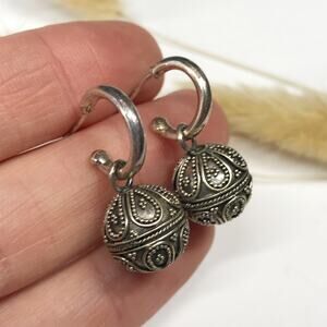 Vintage Sterling Silver Turkish Bali Filigree Scroll Bead Ball Drop Hoop Earring